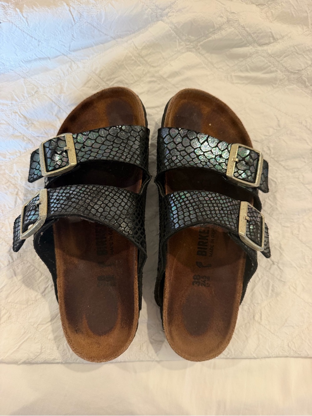 Birkenstock Arizona Metallic Snake Print Sandals Size 38